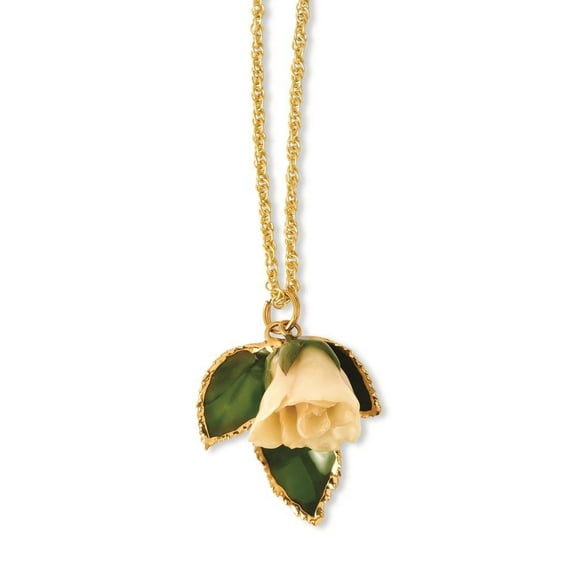 Auriga Fine Jewelry Lacquer Dipped White Real Rose on 24K Gold-trim Lacquer Dipped Leaf Gold-tone Necklace for Women 20"