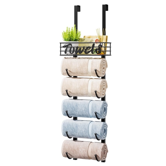 HapiRm Towel Racks for Bathroom - 6 Tier Over The Door & Wall Mount Rolled Towel Holder Towel Storage Organizer with Metal Shelf Basket for Small Bat