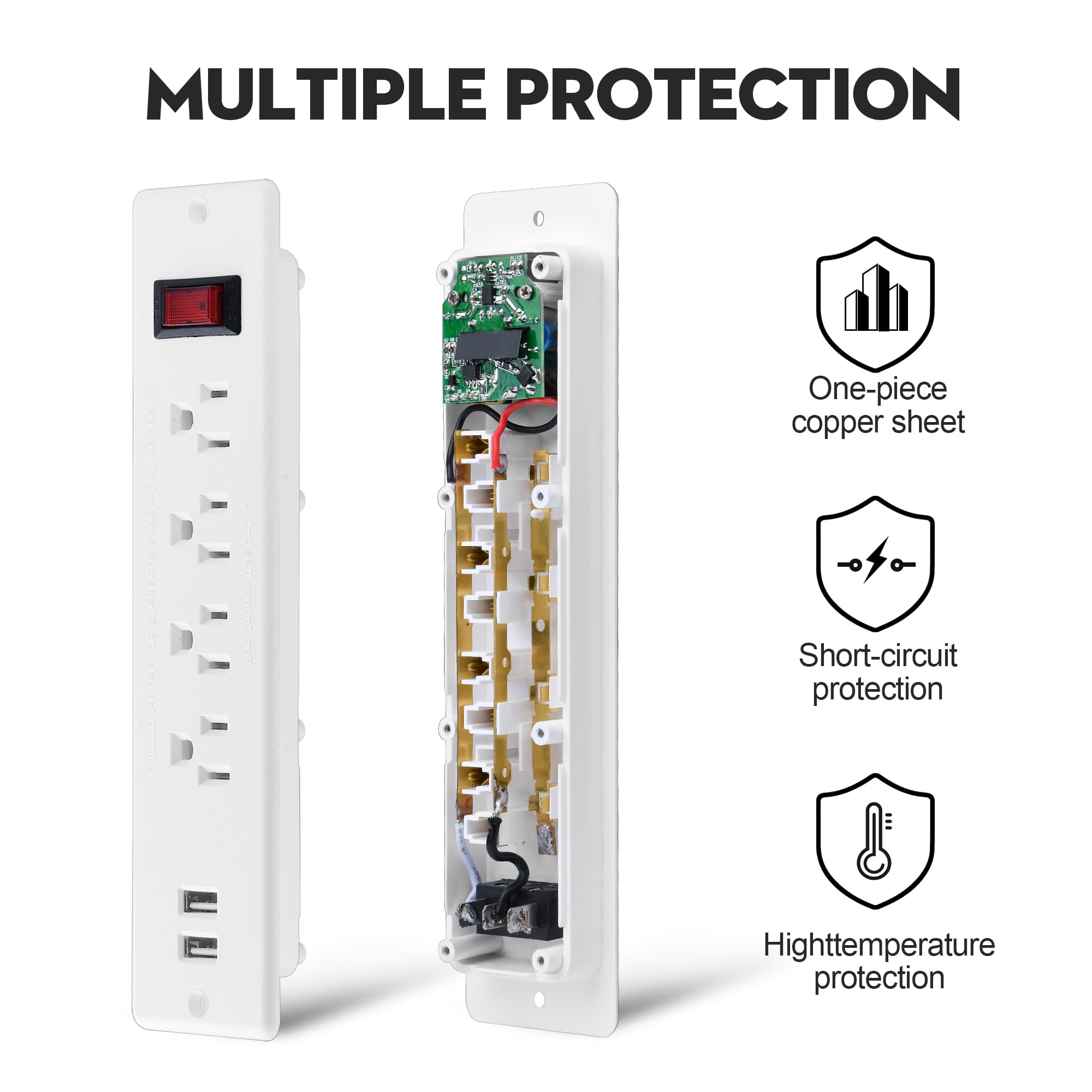 Mountable Recessed Power Strip With 4 Outlets & 2 USB Ports - Built-in Desk/Counter Outlet For Home, Office, ETL Listed (White)