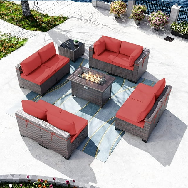 Gotland Ensemble de Meubles de Patio Extérieur avec Table de Foyer au Propane de 43 Pouces, Ensemble de Conversation de Canapé Sectionnel de Patio de 10 Pcs pour l'Extérieur (Rouge)
