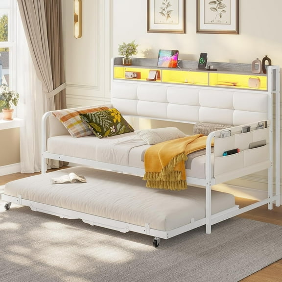Daybed with Trundle, Twin Day Bed with Upholstered Headboard and Charging Station, Metal Day Bed Frame with Storage and LED Lights, Twin to King Daybed for Living Room, Bedroom, White