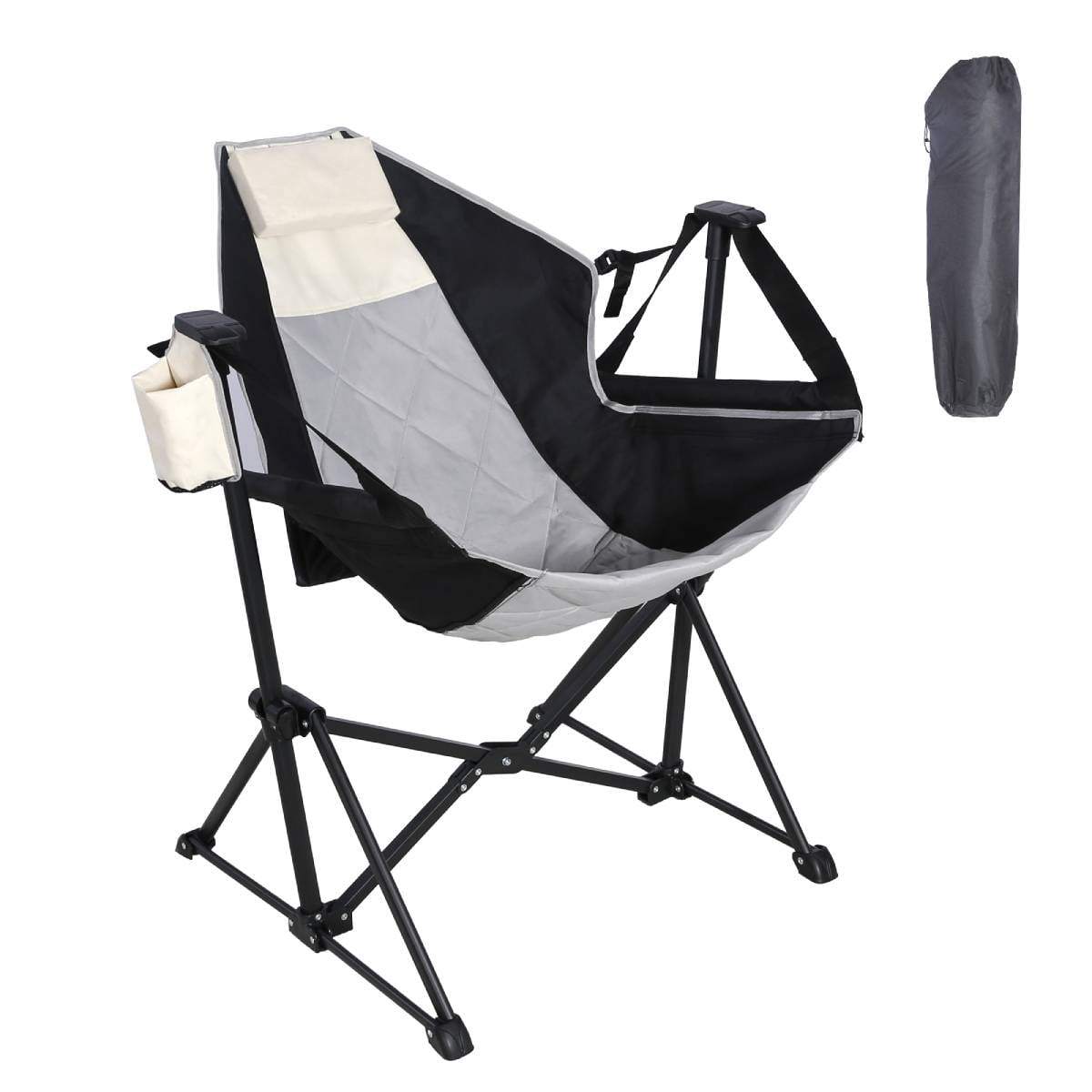 Foldable Recliner Rocking Lounger, Portable Outdoor Chair with Headrest & Drink Holder, 400lbs Heavy Duty Iron Frame for Beach Fishing Hunting Tailgating