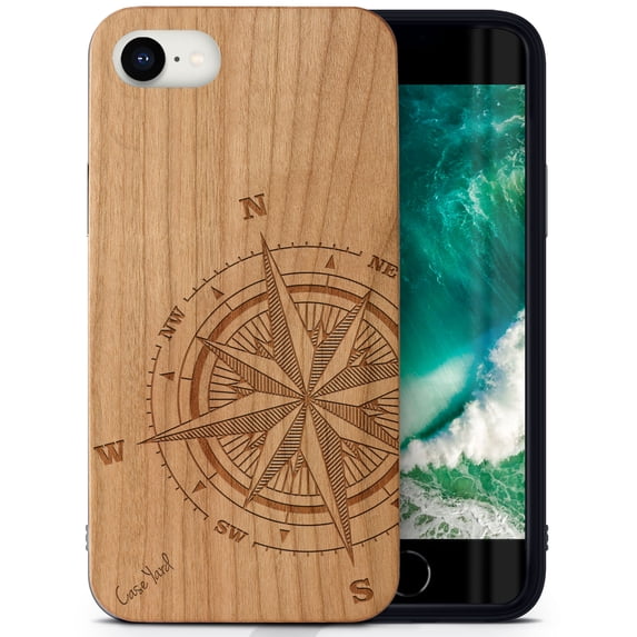 Case Yard Wooden Case Outside Soft TPU Silicone, Slim Fit Shockproof Wood Protective Phone Cover for Girls Boys Men and Women, Supports Wireless Charging Compass Rose Design case for iPhone-SE