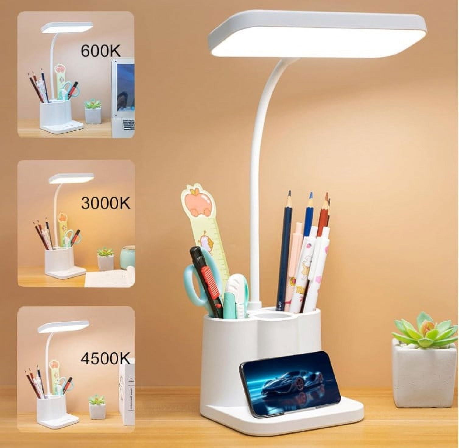 Rechargeable LED Desk Lamp - Touch Control, Stepless Dimming, 3 Color Modes, Gooseneck Design with Pen Holder & Night Light, for Study, Reading, Home Office, Dorm, and Bedroom