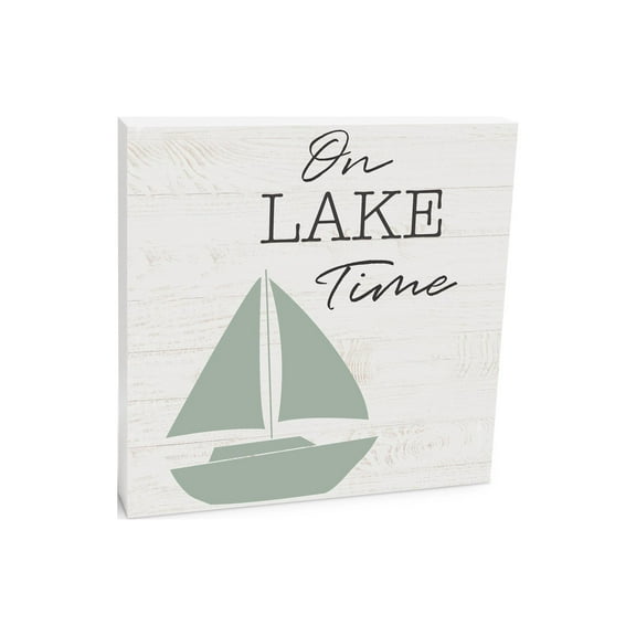 On Lake Time White Woodgrain Boat 10 x 10 Wood Tabletop Sign Plaque