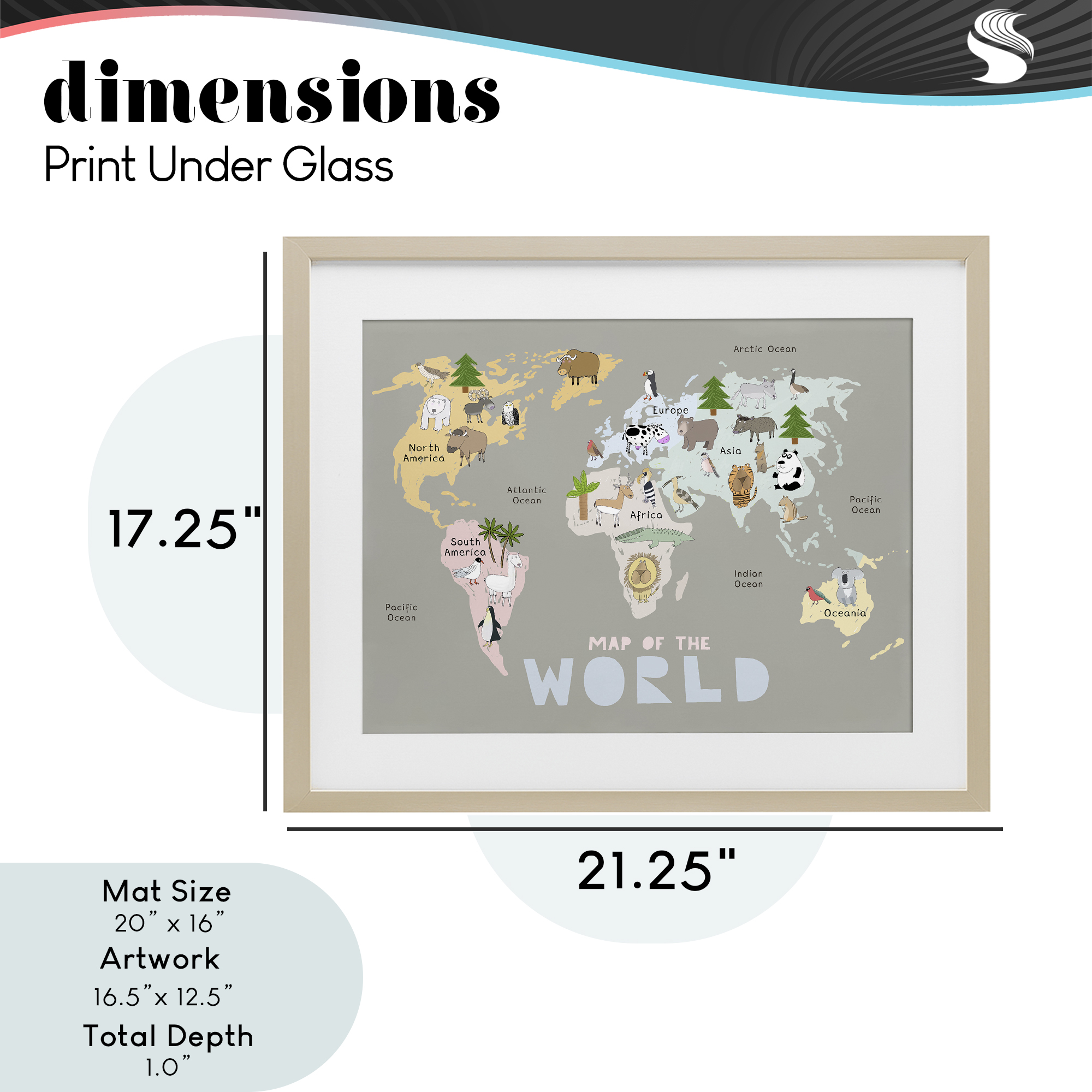 Kid's Map Of World Grey Birch Framed Print Under Glass, design by Carla Daly