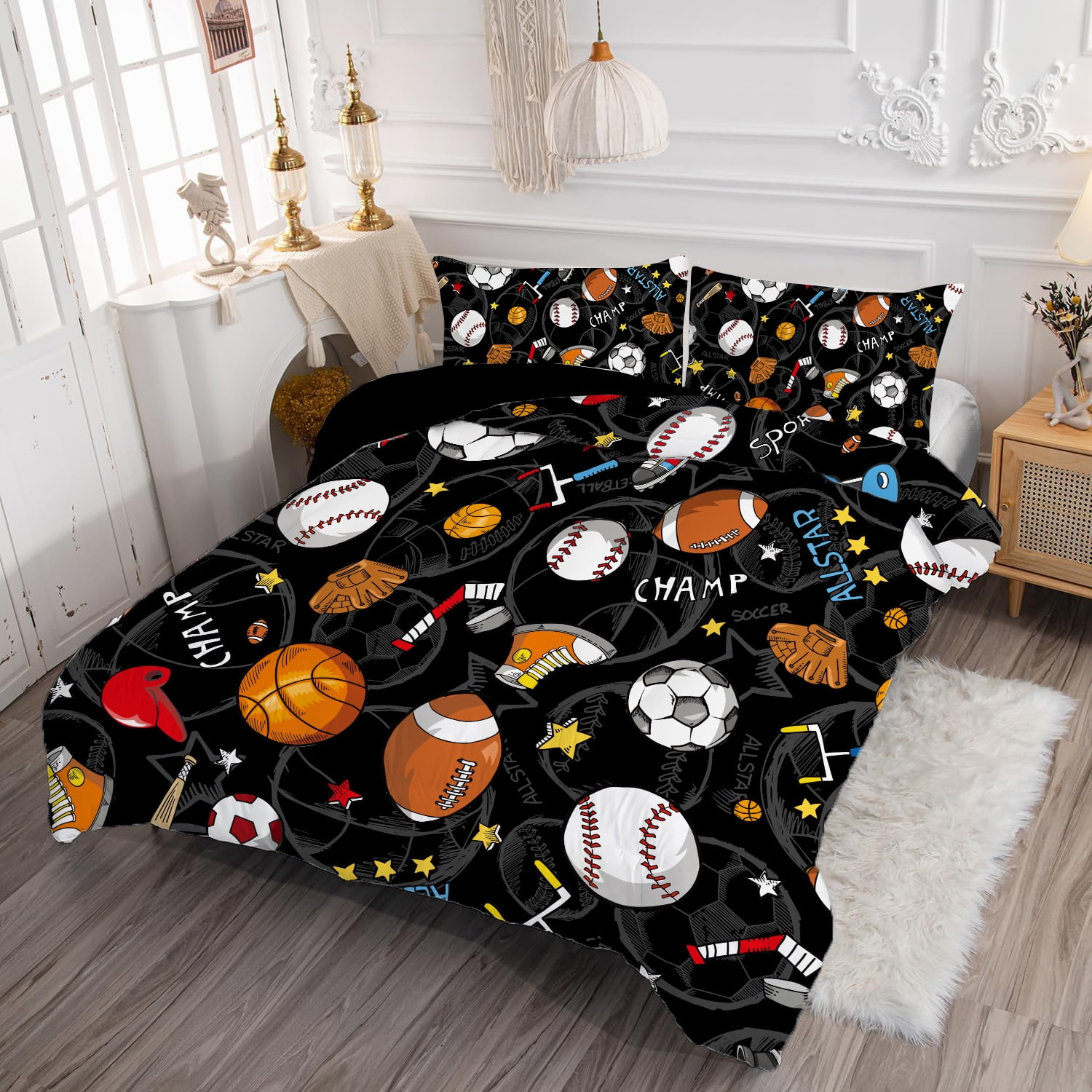 Twin Sports Comforter Set Black Ball Bedding Sets for Boys Girls Kids Teen 3D Soccer Basketball Baseball Football Design 5Pcs Bed in A Bag