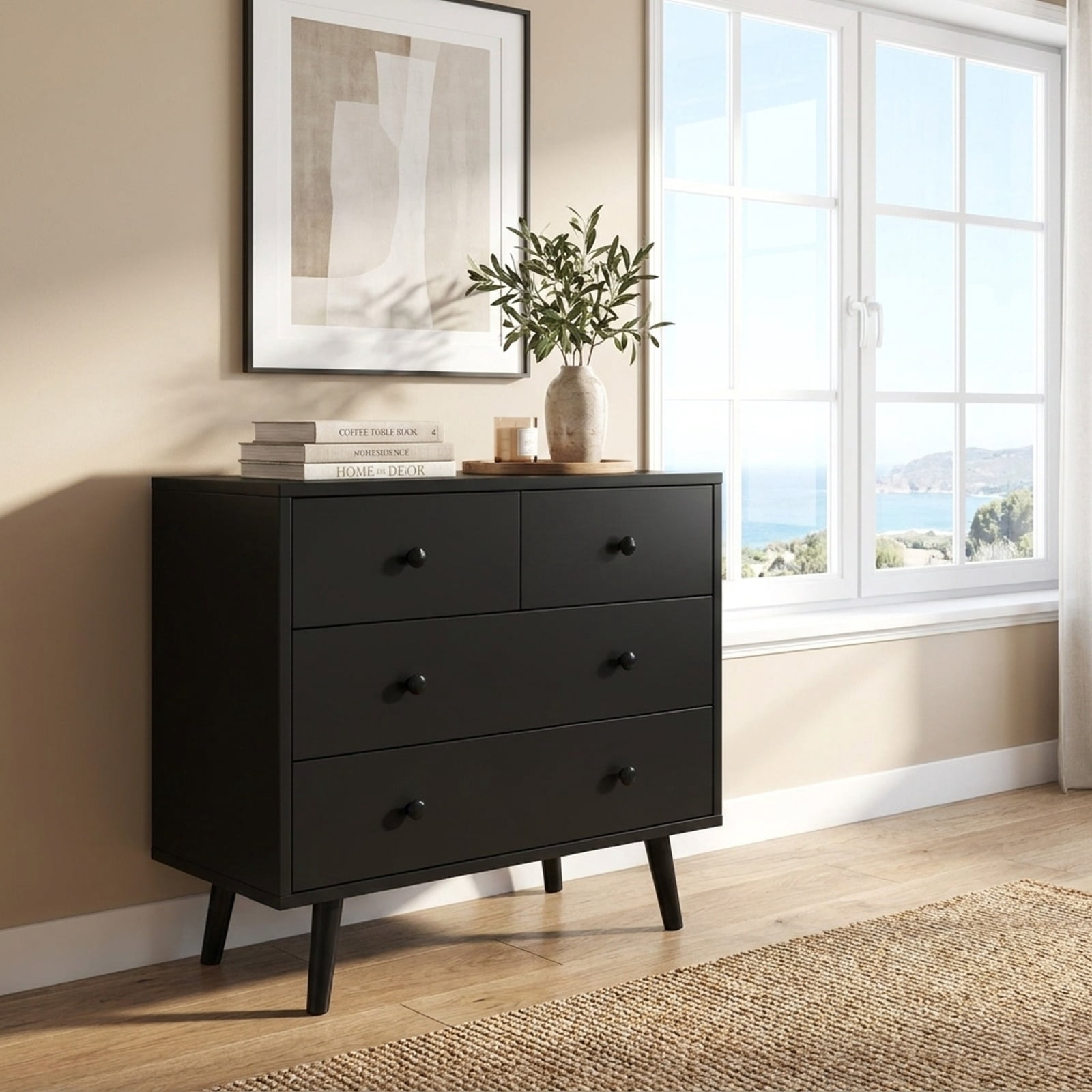 Furnibear Wide Wooden Dresser with 4 Drawers for Bedroom Living Room for Bedroom Closet Living Room Nursery Clothes Storage, Black