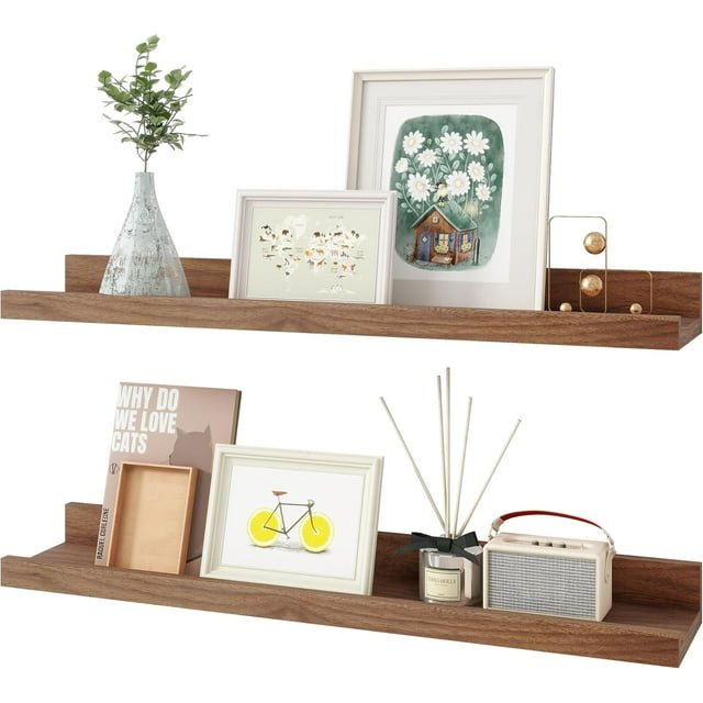 Floating Shelves, 24 Inches Wall Shelves Set of 2, Wood Storage Shelves with Ledge Wall Mounted Floating Shelf for Living Room Kitchen Bedroom Books Photo Frames Decor, Walnut