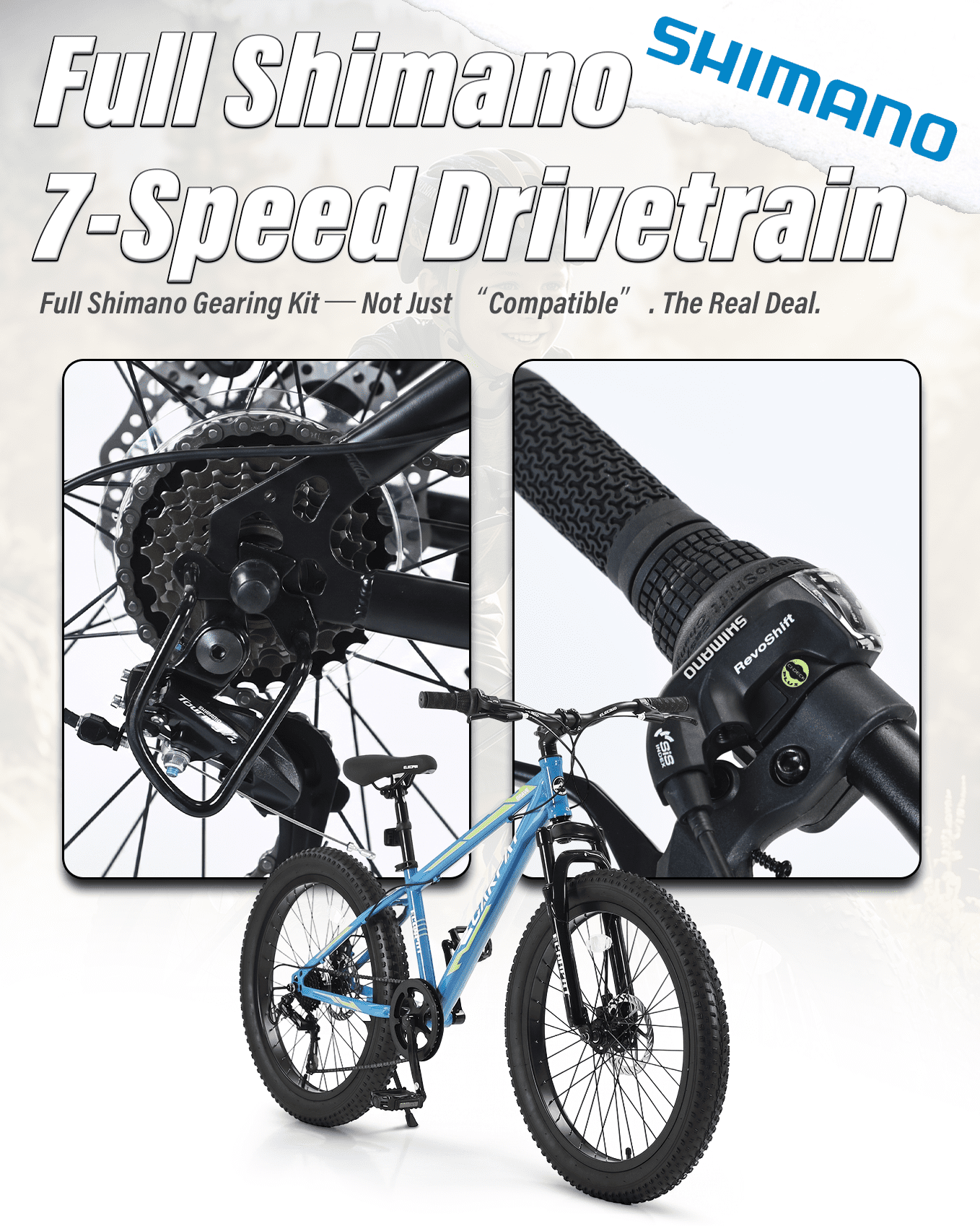 24 inch Fat Tire Mountain Bike, Outdoor Cycling Bike with 7-Speed for Boys Girls, High Carbon Steel Frame, Dual Disc Brake, Wide Tires, Suspension Fork, Anti-Slip Bikes, Blue
