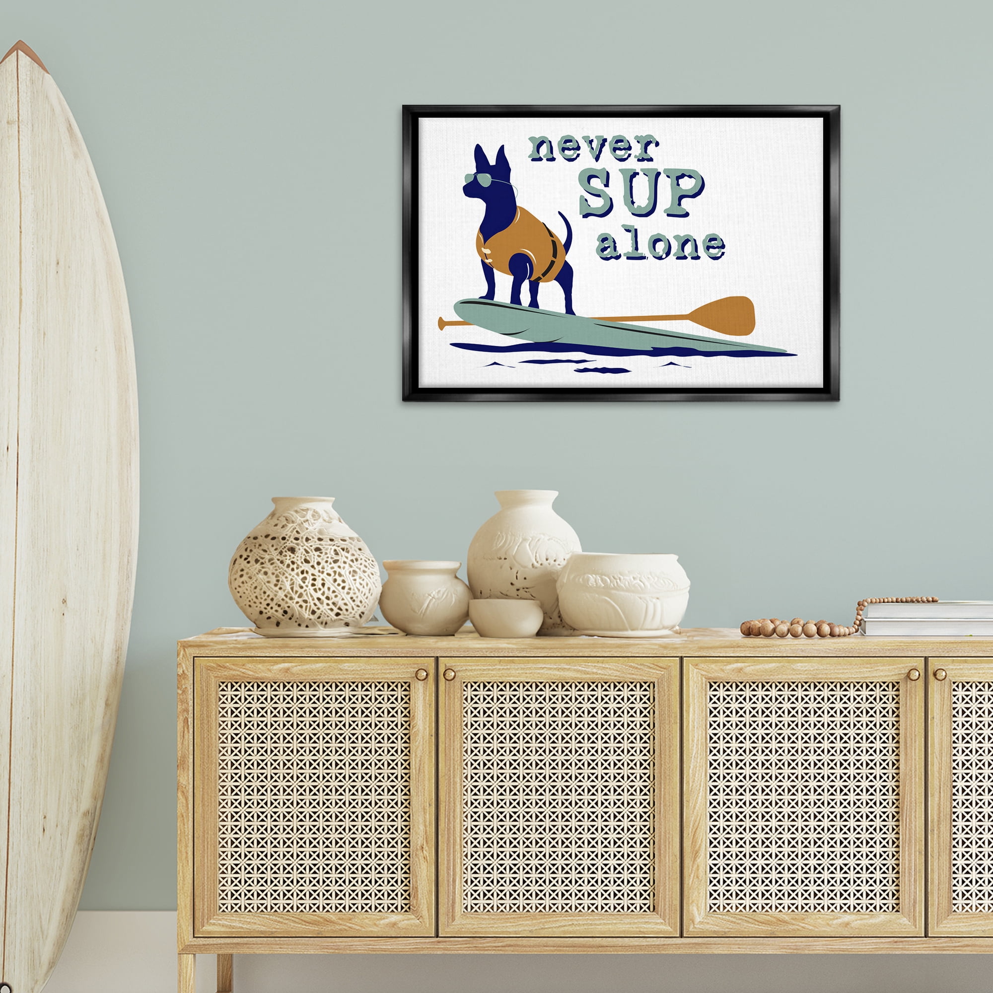 Stupell Industries Never Paddleboard Alone Dog Animals Painting Black Floater Framed Canvas Art Print Wall Art, 31 x 21