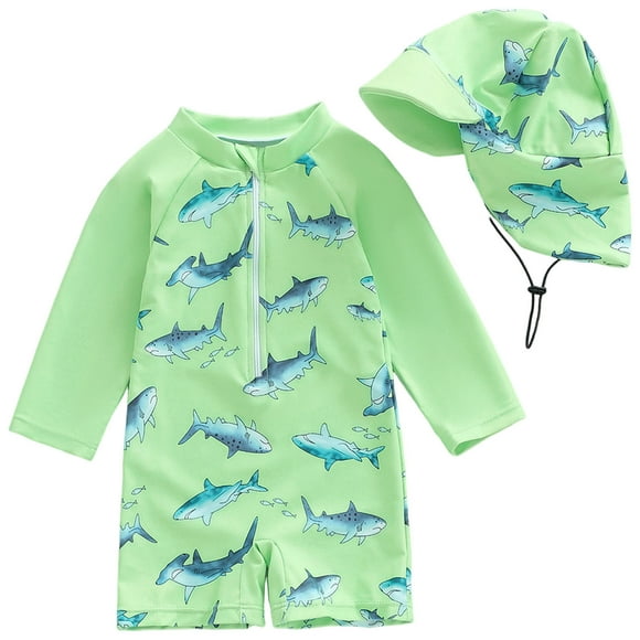 Zanarzt Baby Boys Swim One Piece Rashguard Baby Boy Rash Guard Swimsuit Zipper Swimwear Bathing Suit Beachwear with Sun Hat Green,18-24 Months