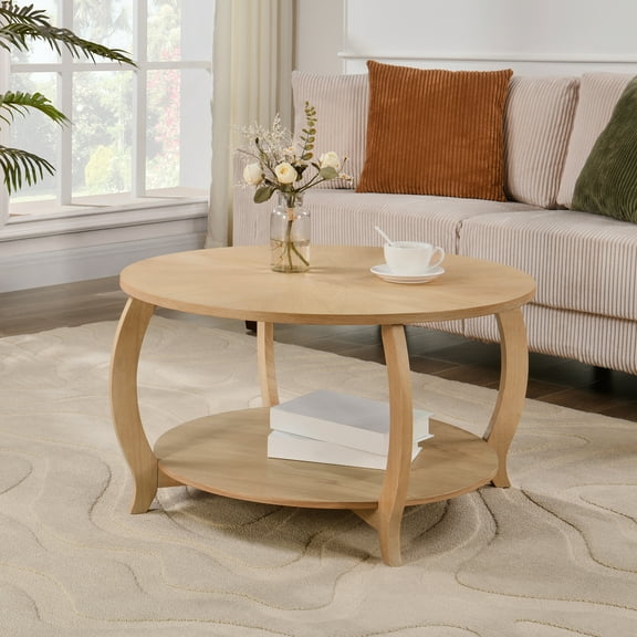 Round Wood Drum Coffee Table with Storage Shelf, 32.3" Solid Wood Circle Coffee Table for Living Room, 2-Tier Wood Accent Center Table with Open Shelf, Natural Wood Color