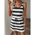 thumbnail image 6 of Black And White Striped U-Neck Sleeveless Drawstring Waist Mini Dress For Women, 6 of 8