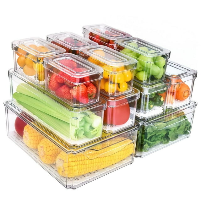 Juego de 12 Organizadores de Refrigerador, Contenedores de Acrilico de Nevera Transparentes con Tapas, Recipientes para Congelar Alimentos sin BPA para Frutas y Verduras, para Cocina