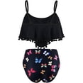 thumbnail image 4 of Women High Waisted Bikini Ruffle Swimsuit Flounce Pom Pom Trim Two Piece Bathing Suit Black Butterfly (M, 4 of 6
