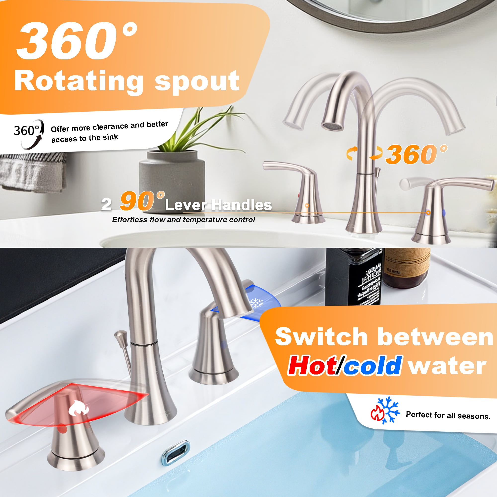 Sunrinx 8 Inch Widespread Bathroom Faucet Brushed Nickel 3 Hole Dual Handle Swivel High Arc Drain