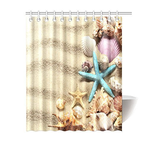 MYPOP Beach House Decor Shower Curtain, Seashell Starfish on Summer Sandy Beach Polyester Fabric ...