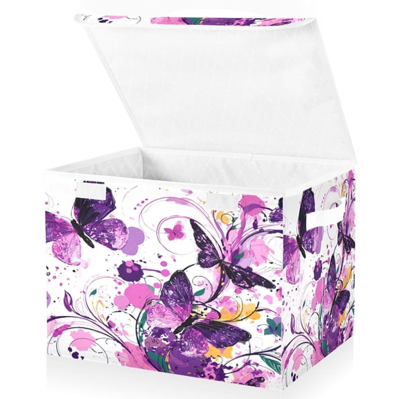 Large Lidded Bin Foldable Storage Baskets Boxes Cubes Lids with 2 Handles for Home Bedroom Office Purple Butterfly 16.5"x12.6"x11.8"