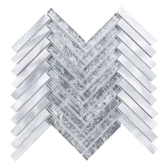Modket TDH519AL Aluminum Metallic Metal Gray Silver Glass Herringbone Mosaic Tile Backsplash