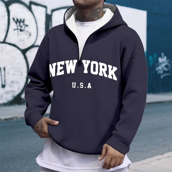 Men's Oversized Pullover Letter Print Hoodies New York Sweatshirt (Navy XXL)