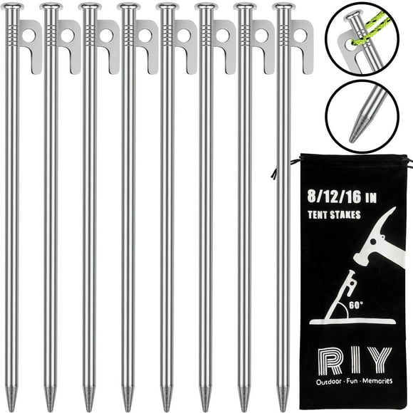 Estacas para Tienda de Campaña RIY de Acero de Alta Resistencia 30 cm Paquete de 8 para Camping