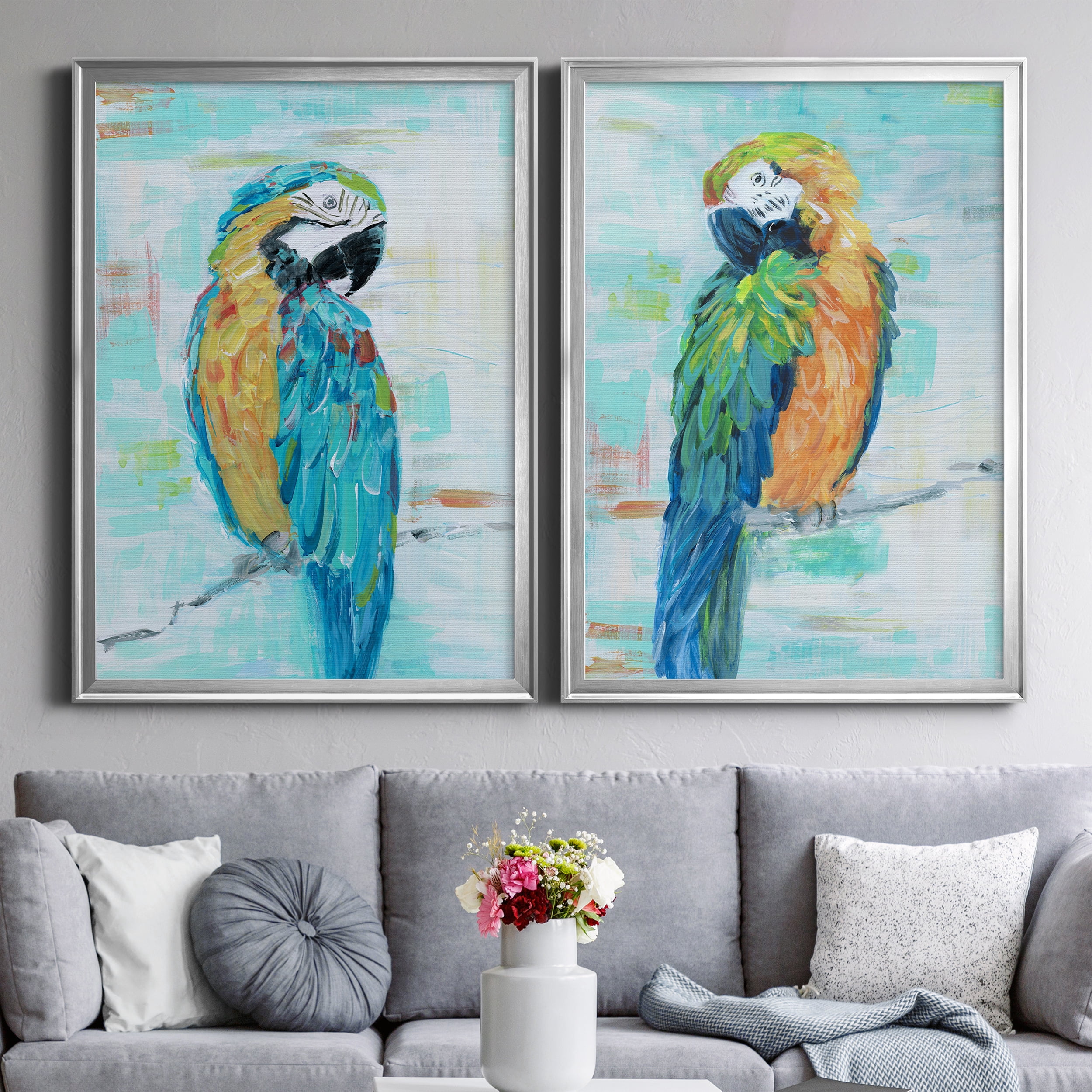 2 Piece Set Island Parrot I Premium Framed Canvas - Ready to Hang - 26.5 x 36.5 Each - Silver Frame