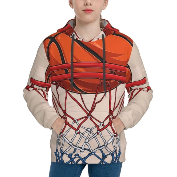 Picia Basketball Shot Pattern Youth Hoodie - Warm Pullover Sweatshirt with Kangaroo Pocket, Ideal for Boys and Girls-Small