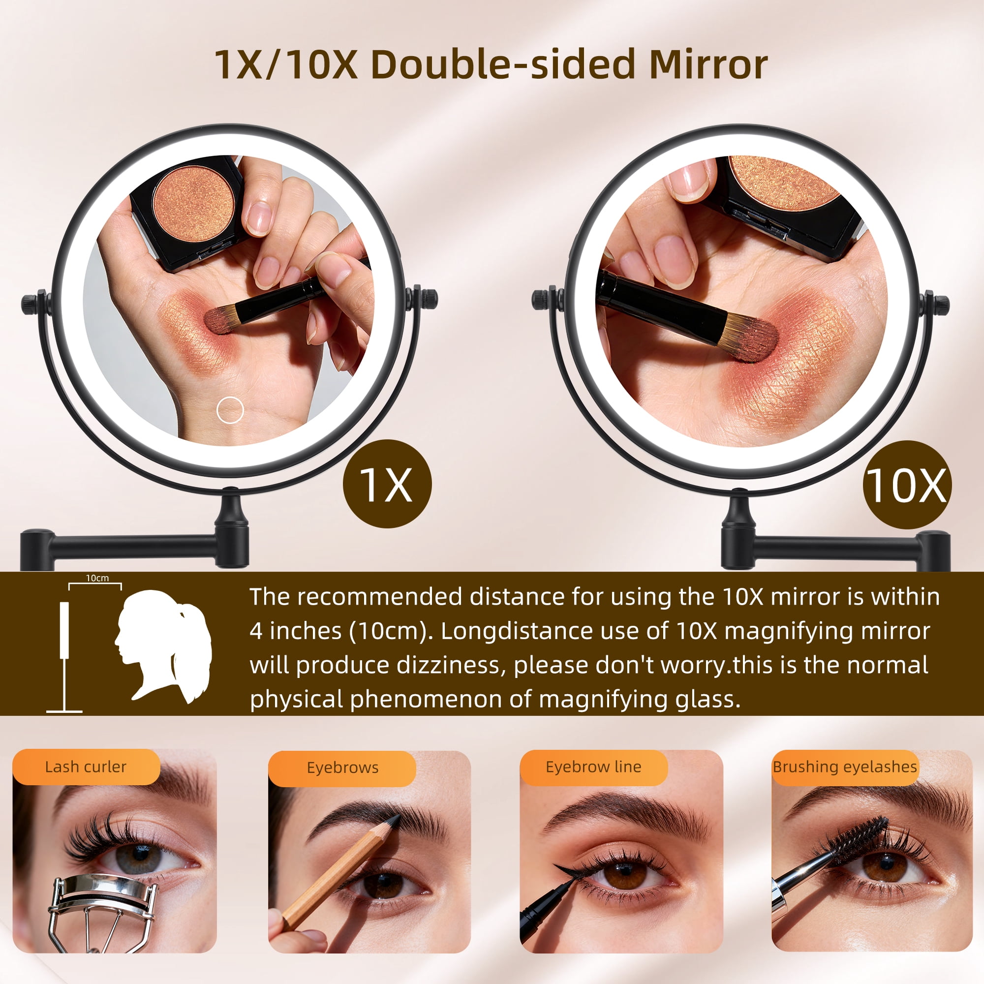 Rechargeable Wall Mounted Makeup Mirror with Lights and 10X Magnification, 360-Degree Swivel Bathroom Vanity Mirror, Black