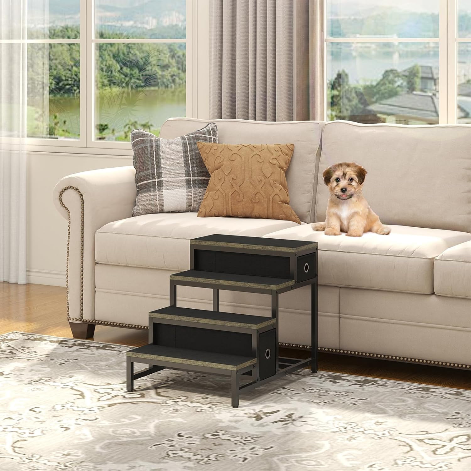 Dog Window Perch with Steps, Dog Bunk Bed Cat Windows Perch with Couch and 2 Fabric Drawer, Pet Bed and Pet Srairs Sets, Indoor Pet Furniture, Gray