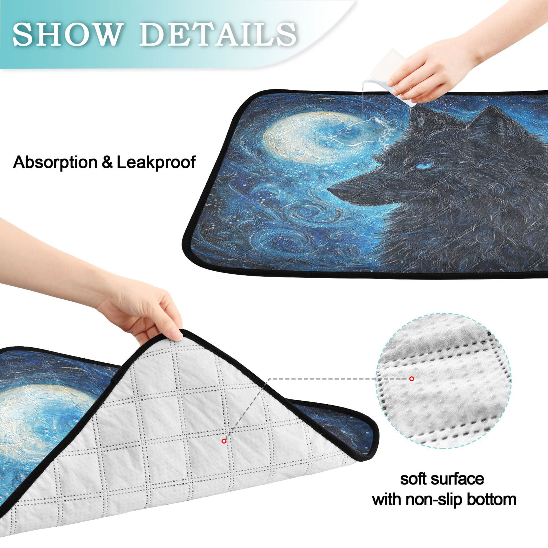 Qxltty Cool Black Wolf Cat litter Pads Pet Set of 3 Diaper Mats Center Anti-leakage Layer Absorbent Soft and Comfortable
