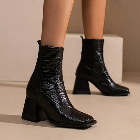 

NEGJ Women s Fashion Colorblock Leather Face Square Toe High Heel Elastic Mid Boots