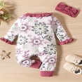thumbnail image 3 of Newborn Baby Girls Long Sleeve Rompers Floral Print Ruffles Zipper Jumpsuits Bodysuit + Headband, 3 of 7