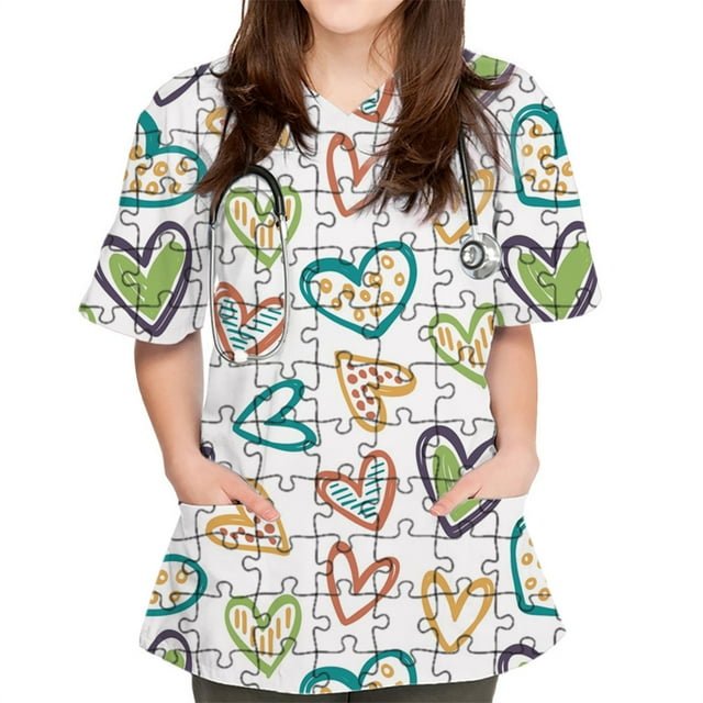 Women's Medical Scrub Top Short Sleeve V-Neck with Heart Print and Patch Pocket