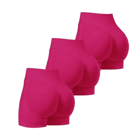 3 Pack Womens Workout Shorts Seamless High Waisted Contour Workout Scrunch Yoga Gym Biker Shorts (Hot Pink M)