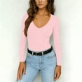 thumbnail image 3 of AherBiu Going out Tops for Women V Neck Long Sleeve T-Shirt Cropped Cute Tops Slim Fitted Stretch Basic Layer Tees Undershirt Pink7,XX-Large, 3 of 9