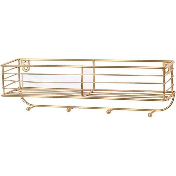 Metal Shower Caddy Basket for Dorm College Shelf Key Holder with Hook Wall Decoration Bathroom Bathroom Multi-function Rack (Gold)