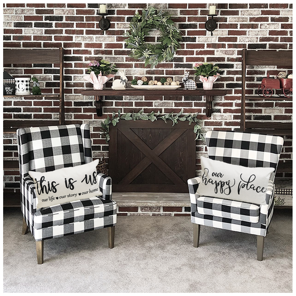 NYDECOR Set of 4 Farmhouse Pillow Covers 12x20 Quote Our Happy Place Lumbar Throw Pillow Cover This is Us Home Sweet Home Pillow Case Sweet Dreams Cushion Covers for Couch Sofa Bed Porch Chair