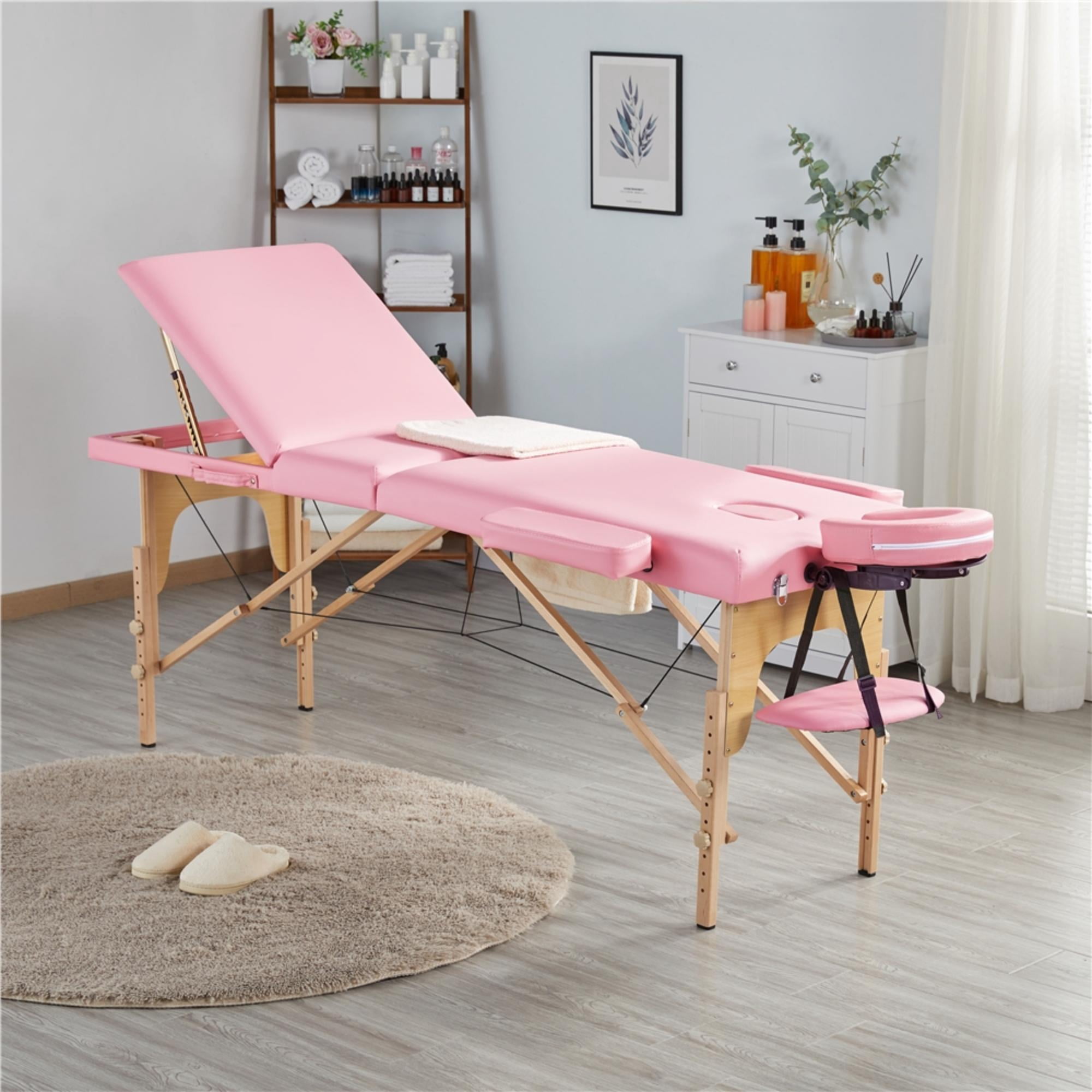 Alden Design 3 Section Portable Wooden Massage Table for Spa Treatments, Pink