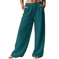 thumbnail image 4 of Lumtrix Linen Pants Women Wide Leg Palazzo Pants Flowy Elastic Waist Summer Beach Trebdy Casual Trousers With Pockets Dark Green XL, 4 of 5