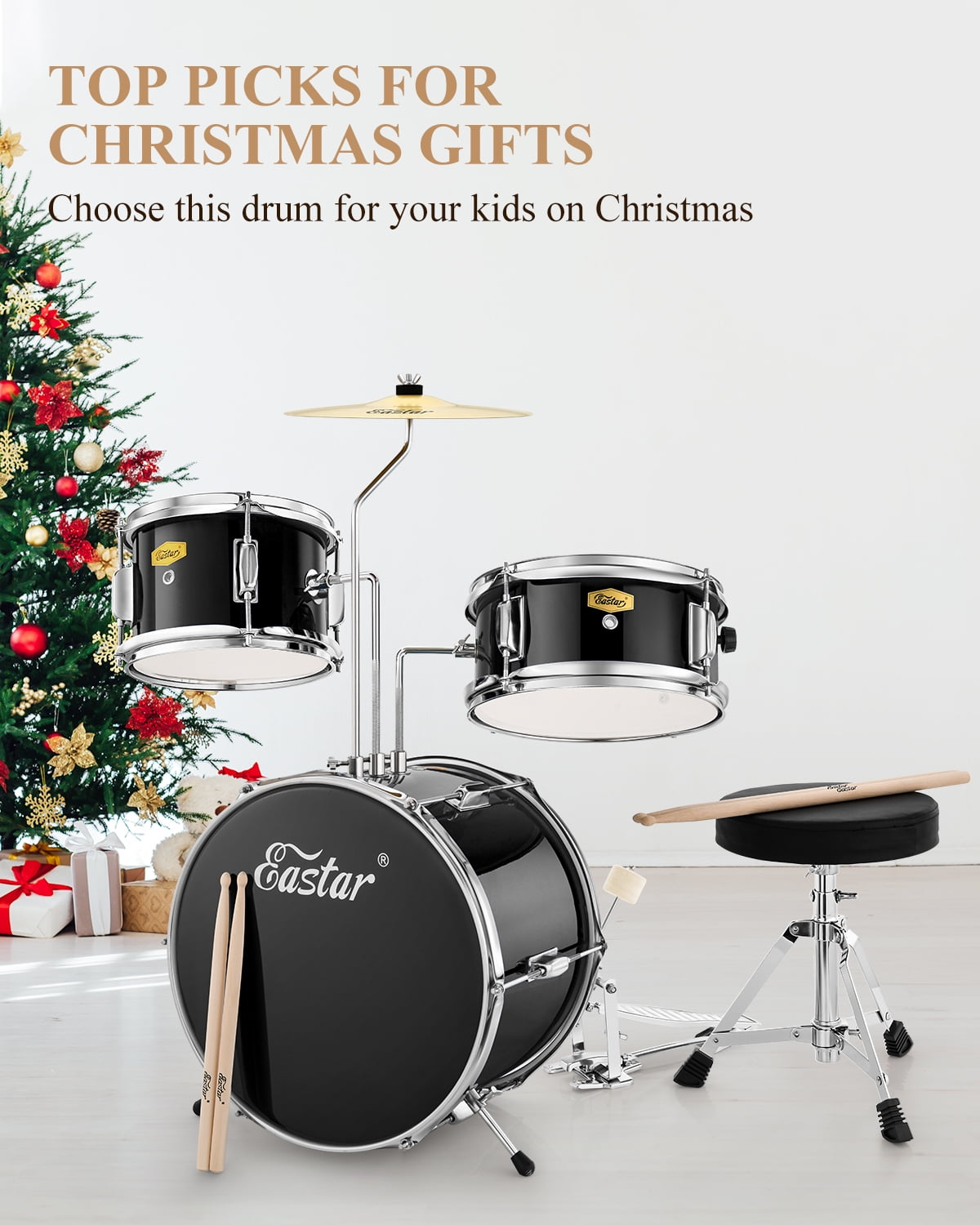 Eastar Beginners Drum Sets Colorful 14" Kids Drum Kit, Child Mini Percussion Instrument Toys, Drumming Stool Chair, Drumsticks, Mirror All Black