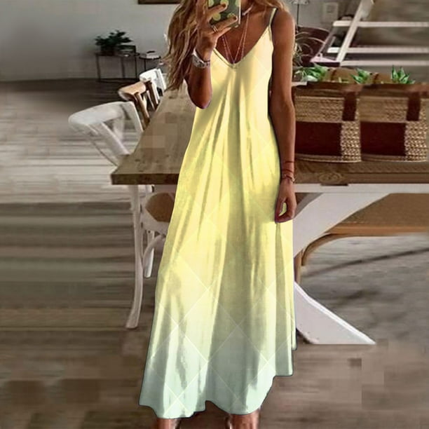 WILLBEST Vestidos Casuales para Mujer Verano Vestido Largo Sexi con Tirantes y Cuello En V, Vestido Playero Estampado A La Moda para Vacaciones Chica