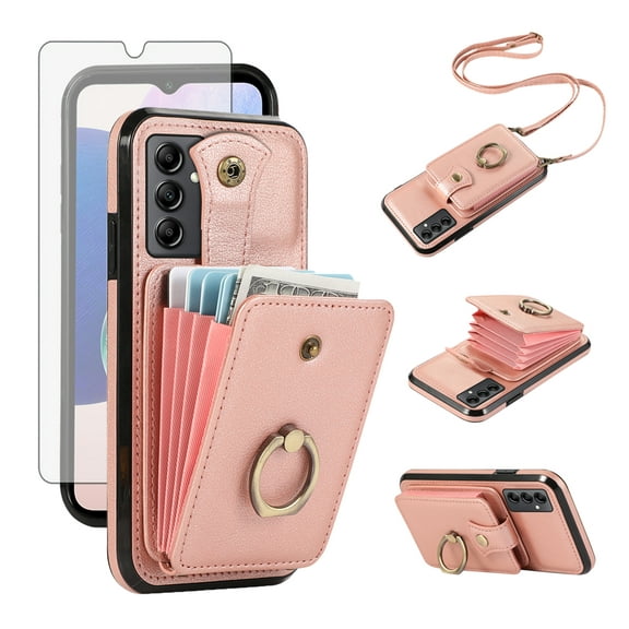 Asuwish Compatible with Samsung Galaxy A14/M14 5G Wallet Phone Case Screen Protector Ring Crossbody Strap Stand Credit Card Holder RFID Cell Cover for A 14 4G 14A 14M G5 Women Girls Rose Gold