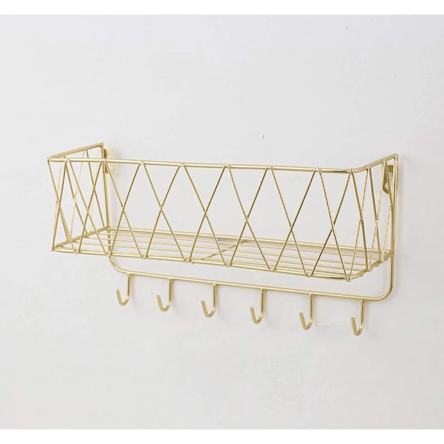 Estante de pared flotante con rejilla metálica, estante de pared con ganchos, toallero, armario de pared, decoración flotante para el hogar