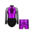 thumbnail image 2 of Doomiva Kids Girls Long Sleeve Shiny Gymnastic Dance Leotard Bodysuit Jumpsuit with Metallic Shorts Set Activewear Purple 12, 2 of 7