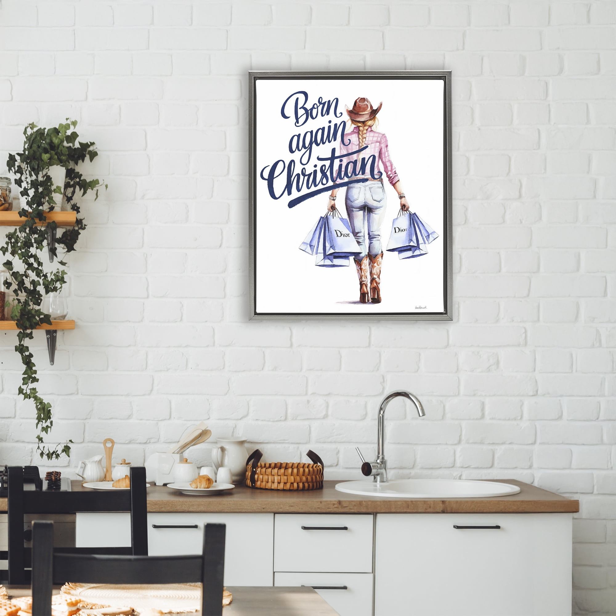 Born Again Christian Cowgirl Gray Framed Floater Canvas Wall Art, design by Amanda Greenwood