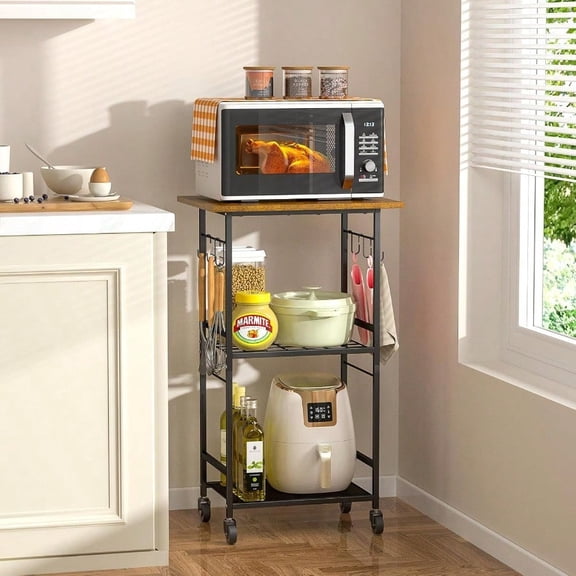 Rolling Kitchen Microwave Cart 3 Tier Microwave Table Stand with Adjustable Shelf Kitchen Storage Rack on Wheels Coffee Station Cart Rack Shelf Organizer for Living Room Office Balcony