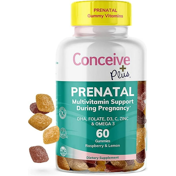 CONCEIVE PLUS Prenatal Gummies DHA, Folic Acid, Vitamin D3, C, Zinc, and Omega 3, Natural