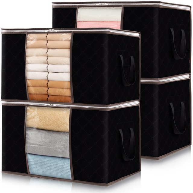 Lifewit 4 Pack Clothes Storage Foldable Storage And Organization Storage Bins With Lids Blanket Storage With Clear Window Closet Storage With Reinforced Handles For Clothing Bedding Black