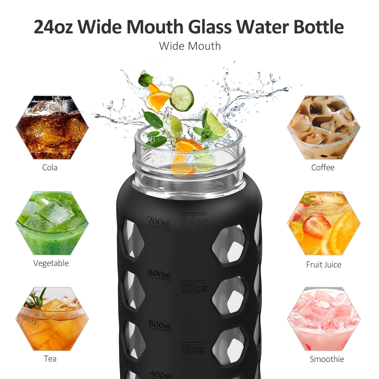 MUKOKO 24oz Glass Water Bottles, Motivational Water Tumbler with 2 Lids-Handle Spout Lid&Bamboo Straw Lid, Time Marker Reminder and Silicone Sleeve, Black